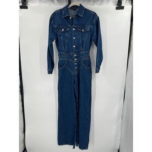PrettyLittleThing Seam Detail Button Up Denim Jumpsuit Indigo Blue Wash US 2 NWT